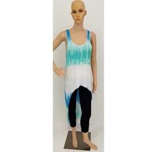 Tie-Dye Blue Multicolor Scoop Neck Sleeveless High Low Tunic Top
